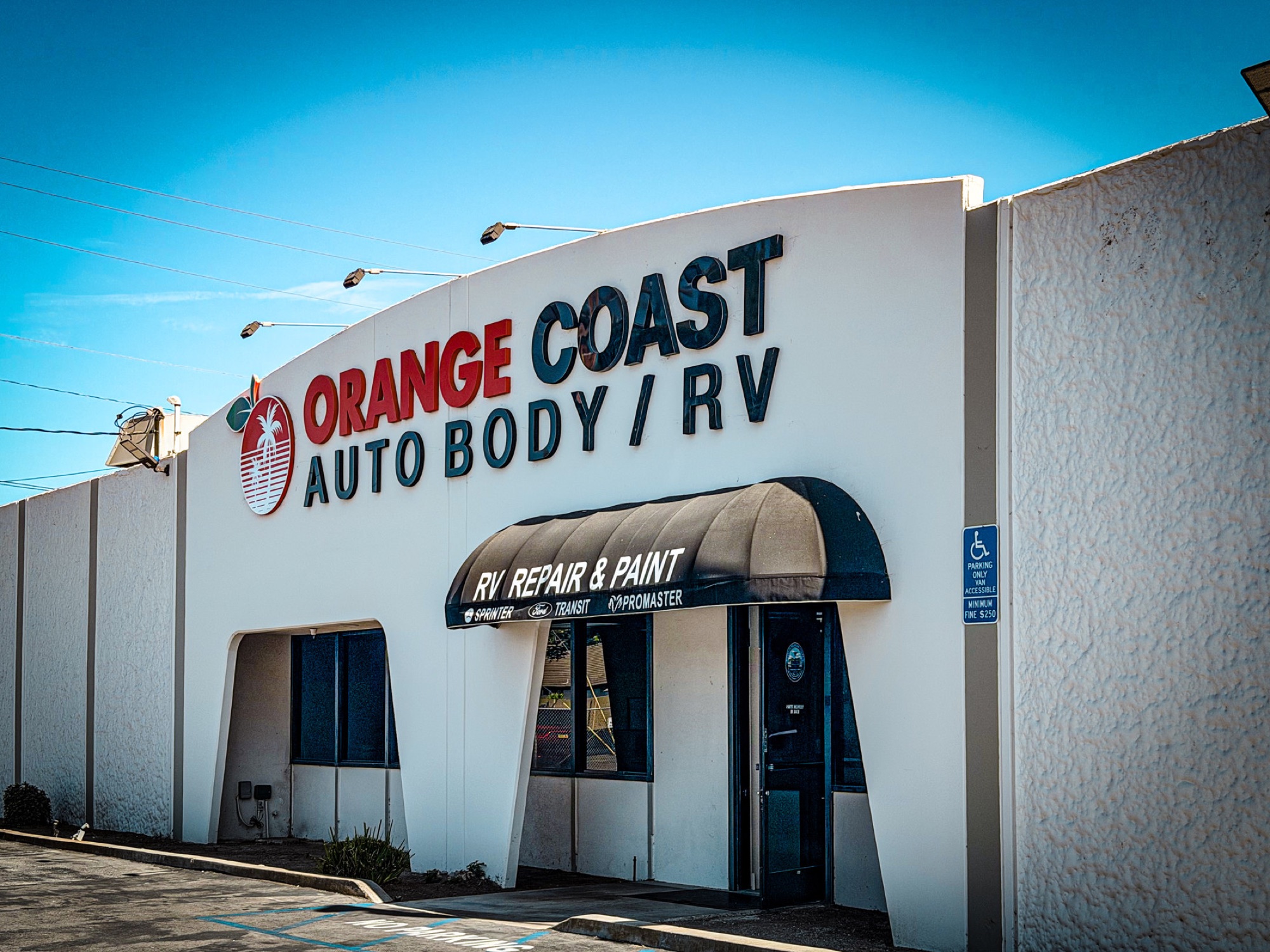 Orange Coast Auto Body / RV building and entrance on Talbert Avenue